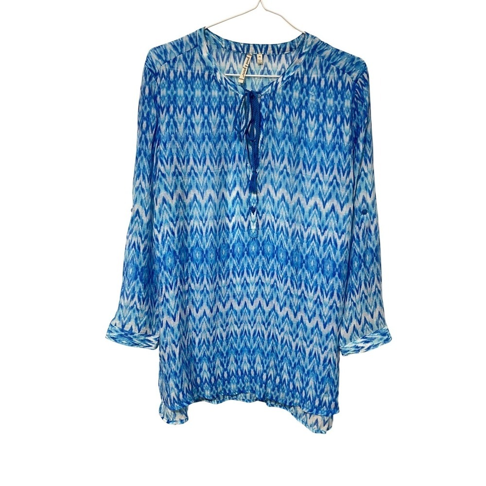 Grand & Greene Blue Ikat Print Tunic Top Womens Medium Coastal Tassel Tie Blouse
